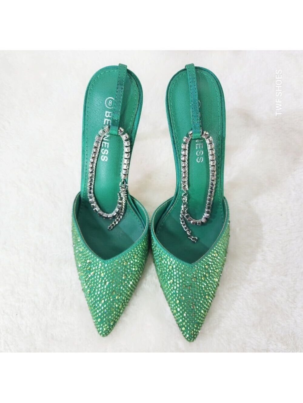 Simply Sexy Slip on Ankle Bracelet Green Rhinestone Pointy Toe High Heels